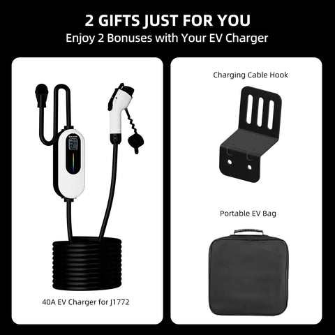Plug And Play Level 2 EV Charger 40 Amp 240 Volt With WiFi App Control Hassle Free Setup Works Like A Charm Snappy Fast Charging For All SAE J1772 Electric Cars And Hybrids With 25 Foot Cable with accessories including hook and bag.