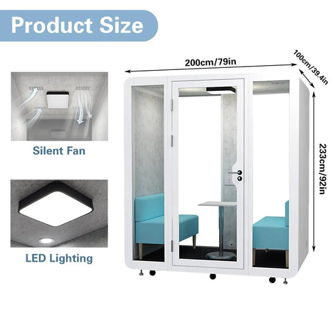 Smooth Rolling Soundproof Office Pod, Portable Phone Booth with Silent Fan and LED Lighting, dimensions shown.