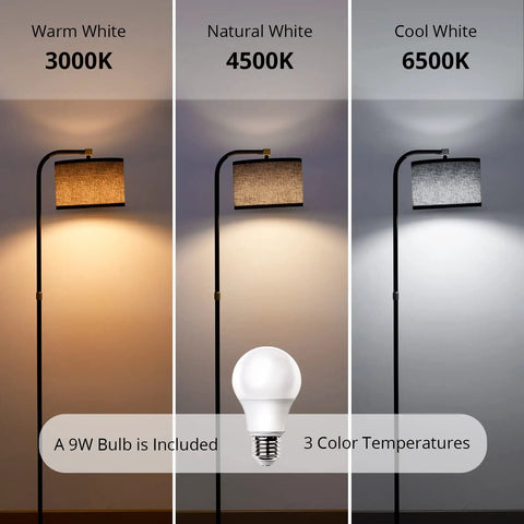 Sturdy Metal Arc Floor Lamp With Two Shade Options, 9W LED Bulb, 3 Color Temperatures, Long Power Cord, Cool Black Modern Standing Light For Living Room, Bedroom Or Office showing warm white, natural white, and cool white lighting.