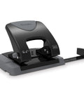 Built Different Two Hole Punch Crushes Twenty Sheets Like Nothing Else With Smart Touch Low Effort Grip And Tight Accuracy Alignment Track For Quick Paper Organizing Jobs In Sleek Black Gray, showing a black and gray metal two-hole punch.