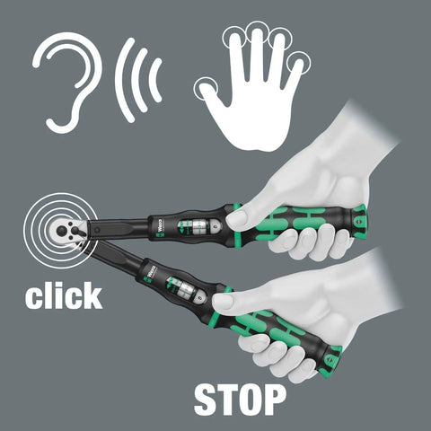 Click-Torque B2 Three-Eighths Inch Drive Torque Wrench with visual of click and stop tactile feedback.