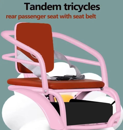 Tandem tricycle rear passenger seat with seat belt, pink frame, suitable for kid friendly outdoor cruiser trike for ages 2 to 10
