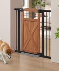 Top Shelf Farmhouse Wood Dog Gate With Sliding Barn Door Style Adjusts From 29 To 40 Inches For Dogs, shown in entryway with dog.