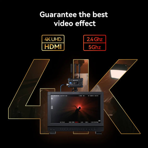Pyro S Wireless Video Transmitter And Receiver For HDMI And SDI 4K30 1080P60, 1300ft LOS Range shown on 4K monitor setup