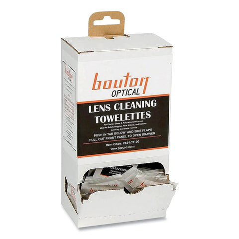 Bouton Optical lens cleaning towelettes, pre-moistened, 8-pack box with front label