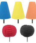 Five Piece Car Wheel Hub Drill Buffing Sponge Pads Kit with Three Inch Shank Polishing Pads, multi-color sponge cones.