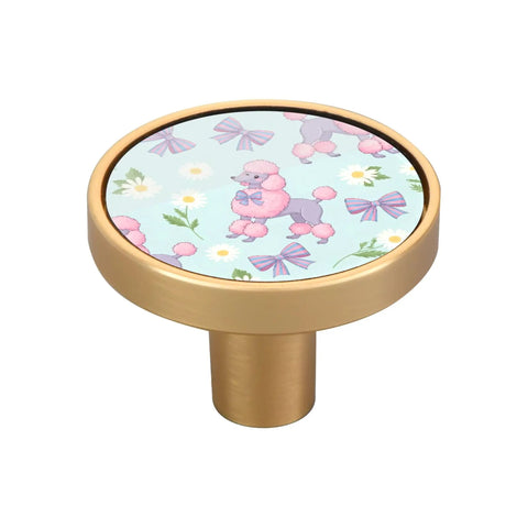 Top Shelf Round Gold Cabinet Knobs And Drawer Pulls Four Pack Sleek Zinc Acrylic Hardware, 32mm round with poodle print design.