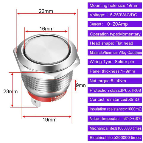 19mm Stainless Steel Momentary Push Button Switch, Short Type, Waterproof 2 Pin SPST, Push And Hold On Release Off, Self Reset, Heavy Duty 20A/12-24V And 15A/220V, Built Tough For Wet Environments, front view with dimensions