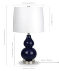 Navy Glass Base Petite Table Lamp With Linen Fabric Shade In White, Satin Nickel Finish, 21.25 Inch Tall, dimensions shown