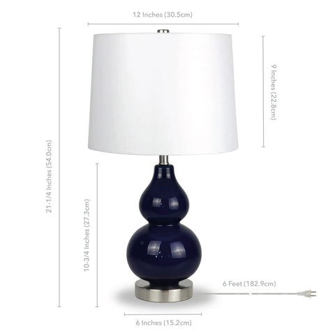 Navy Glass Base Petite Table Lamp With Linen Fabric Shade In White, Satin Nickel Finish, 21.25 Inch Tall, dimensions shown