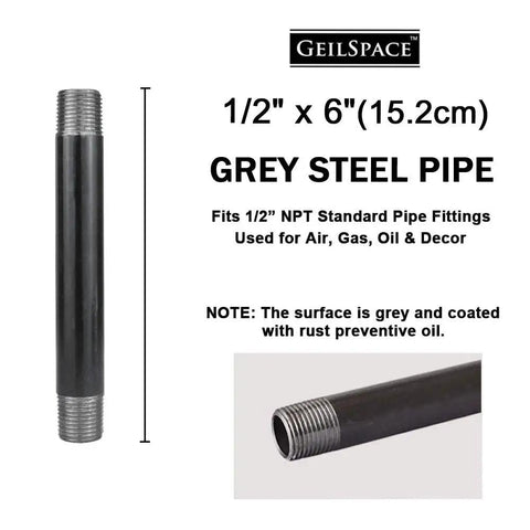 Six Pack Pre Cut Half Inch By Six Inch Heavy Duty Gray Metal Pipe For Industrial Shelving And DIY Decor Fits Standard Half Inch Threaded Pipes And Fittings Vintage Steel Pipe, showing dimensions and features