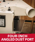 Heavy Duty 13 Inch Planer And Molder Combo For Woodworking Built Like A Tank One Point Five Horsepower Motor Three High Speed Steel Blades Rock Solid Feed System Real Deal Shop Essential four-inch angled dust port close-up showing design and functionality.