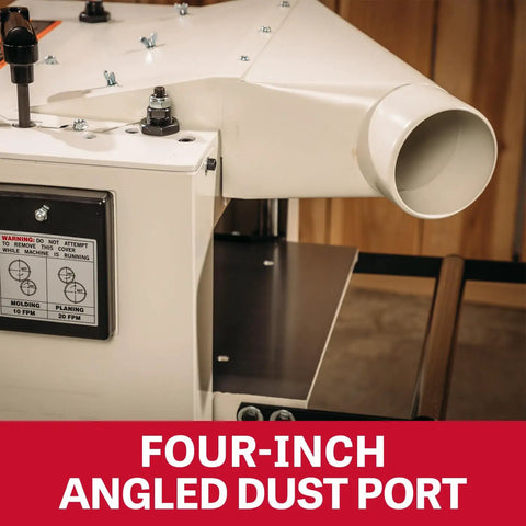 Heavy Duty 13 Inch Planer And Molder Combo For Woodworking Built Like A Tank One Point Five Horsepower Motor Three High Speed Steel Blades Rock Solid Feed System Real Deal Shop Essential four-inch angled dust port close-up showing design and functionality.