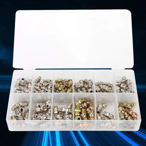 Ultimate 130 Piece Grease Zerk Fitting Kit 45 And Straight Grease Nipples M8 M10 1 8 1 4 Fits Auto Hydraulic Rig Heavy Duty Iron Plated Boss Level Tool Kit For Mechanics Durable Hose Connectors Keeps Vehicles Lubed And Running Smooth Perfect Garage box with assorted metal grease fittings
