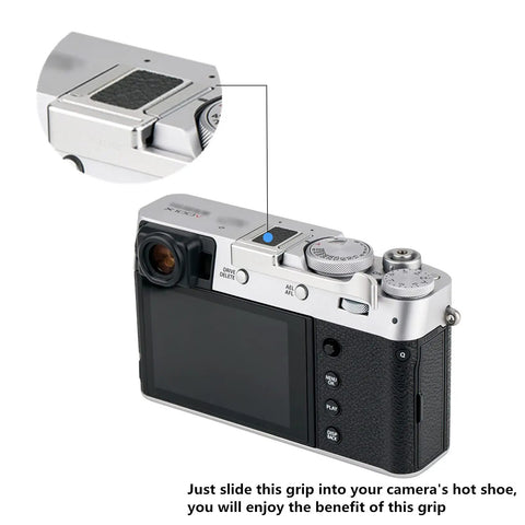 Deluxe Metal Thumb Up Grip for Fuji X100V X100F X-E4 X-E3 Cameras shown mounted in hot shoe, emphasizing secure attachment