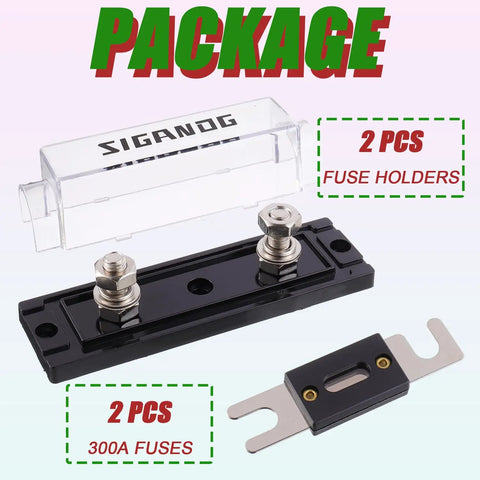 Heavy Duty 300 Amp ANL Fuse Holder Plus Fuse Block Set With Real 300A Fuses For 0 2 4 Gauge Car Audio Subs Trucks And Trailers, includes 2 fuse holders and 2 fuses.