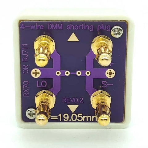 4 Wire Short Socket For DMM Calibration with gold plated banana connectors on PCB assembly for multimeter testing.