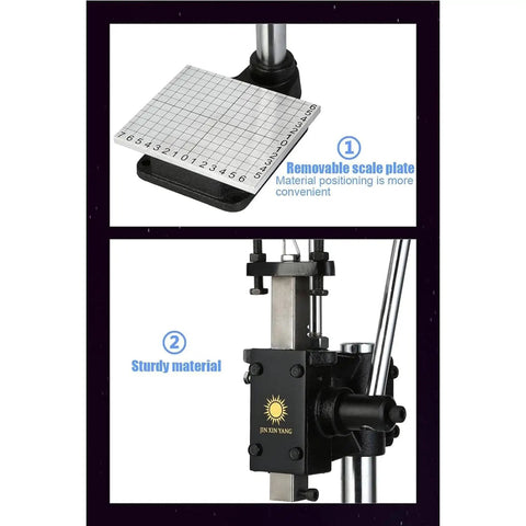 Kickass Hella Tough Industrial Grade Manual Arbor Press With Accurate Scale Plate And Quick Change Chuck, showcasing removable scale plate and sturdy build.