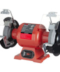 6-Inch Bench Grinder with Dual Eye Shields, 3400 RPM, 2.1A, 1/3 HP, featuring thick and mid grit wheels for grinding and sharpening tasks.