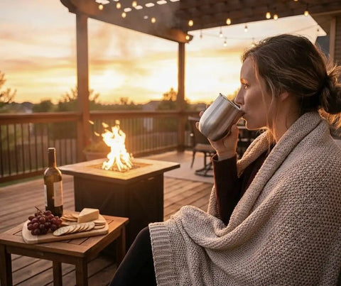 Stainless Steel Double Wall Vacuum Insulated Wine Tumblers Keeping Icy Cold Beverages Chilled Or Piping Hot Coffee for cozy outdoor sunset.