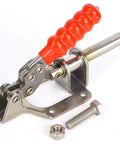 Professional Grade 304 Stainless Steel Toggle Clamp For Woodworking Quick Release Push Pull Hold Down Workbench Fixture Tool With Dead Solid 136 Kg Grip That Locks Real Tight, showing red handle and hardware.