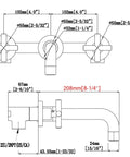 Technical diagram of Dope Brushed Gold Wall Mount Bathroom Faucet With Concealed Vessel Sink, Dual Cross Handles, Brass Rough-In Valve, 8.18 Inch Swivel Spout, Floating Installation Height, Durable Solid Brass Construction, Easy Install Modern Vanity Faucet, showing measurements and layout specifications.