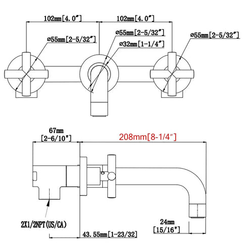 Technical diagram of Dope Brushed Gold Wall Mount Bathroom Faucet With Concealed Vessel Sink, Dual Cross Handles, Brass Rough-In Valve, 8.18 Inch Swivel Spout, Floating Installation Height, Durable Solid Brass Construction, Easy Install Modern Vanity Faucet, showing measurements and layout specifications.