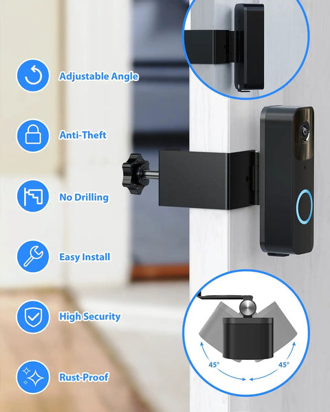 Adjustable Angle Doorbell Mount For Video Doorbells With 45 To 135 Degree Side Tilt, Anti Theft Design, No Drill Install shown on door.