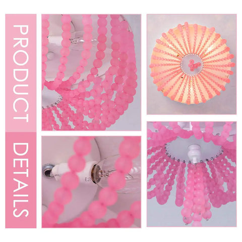 Detail views of Candy Pink Acrylic Beaded Flush Mount Ceiling Light Three Light Chandelier In Rustic White Finish Cute Kid Room Decor