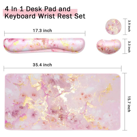4 In 1 Large Gaming Mouse Pad For Gamers With Keyboard Wrist Rest And Mouse Wrist Support in Pink Gold Marble Finish