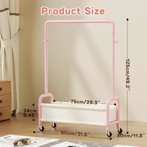 Product image showing dimensions of Heavy Duty Toddler Clothes Rack Featuring Open Storage Shelf Ideal For Kids Dress Up Costumes.