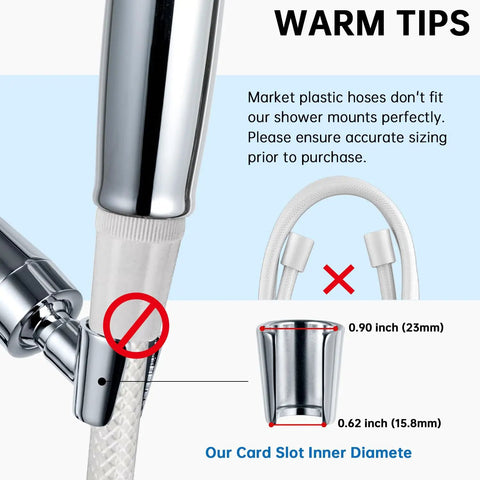 Diagram showing compatibility of Metal Shower Head Holder for handheld showers with shower hoses