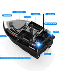 Top view of Pro RC Fishing Bait Boat With Four Bait Holders, 1640ft Remote Range, LED Lights, Black showing dual silos and features.