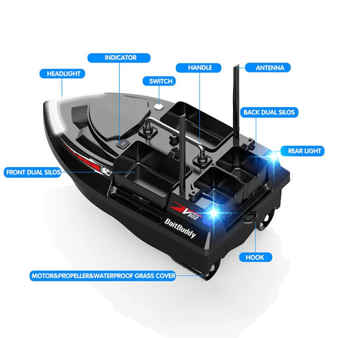 Top view of Pro RC Fishing Bait Boat With Four Bait Holders, 1640ft Remote Range, LED Lights, Black showing dual silos and features.