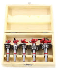 5-piece hinge hole drilling bit set with tungsten carbide tips, 15–35 mm, in a wooden storage box (front view).