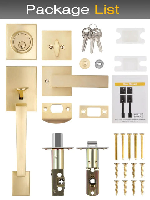 Rock Solid Heavy Duty Square Entry Door Handle And Single Cylinder Deadbolt Lock Set With Key In Satin Brass Finish, full package view.