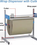 Heavy Duty Rolling Wrapping Paper Holder And Bubble Wrap Dispenser With Integrated Cutter And Smooth 360 Degree Swivel Casters Plus Lockable Wheels For Rock Solid Stability To Make Packin A Total Breeze In The Workspace, showcasing the cutter and paper dispensing mechanism.