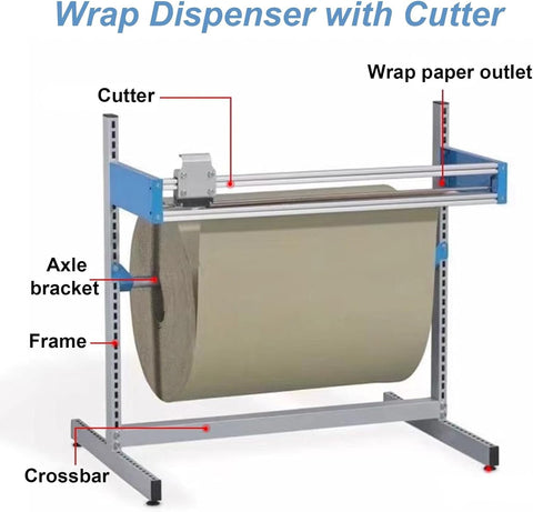 Heavy Duty Rolling Wrapping Paper Holder And Bubble Wrap Dispenser With Integrated Cutter And Smooth 360 Degree Swivel Casters Plus Lockable Wheels For Rock Solid Stability To Make Packin A Total Breeze In The Workspace, showcasing the cutter and paper dispensing mechanism.