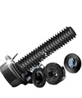 Close-up of carbon steel hex flange bolt and fasteners from Beefy 830 Piece Carbon Steel Hex Flange Bolts Kit For Furniture, Corrosion Resistant Coated Hardware With Metric Sizes, Assorted Fasteners For DIY Projects, Repairs, And Heavy Duty Furniture Builds.