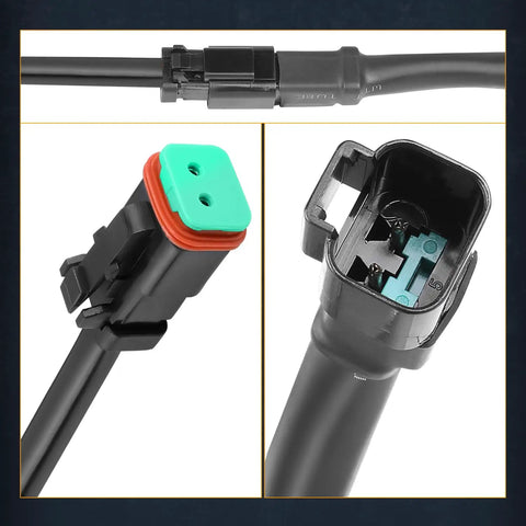 Close-up of Universal Wiring Harness Splitters And Deutsch DT DTP Adapters Extension Kit with connectors, IP68 waterproof.