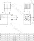 Front and side views of inline hydraulic adjustable flow control valve, 1/2-inch NPT, knurled adjustment cap.