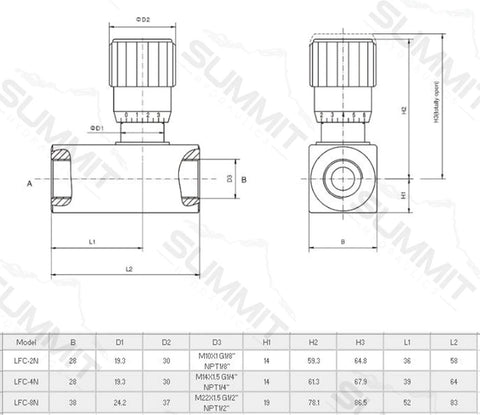 Front and side views of inline hydraulic adjustable flow control valve, 1/2-inch NPT, knurled adjustment cap.