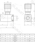 Technical drawing of Hydraulic Flow Control Valve With Free Reverse Flow For Smooth Precise Adjustments One Eighth Inch NPT Ports 5000 PSI