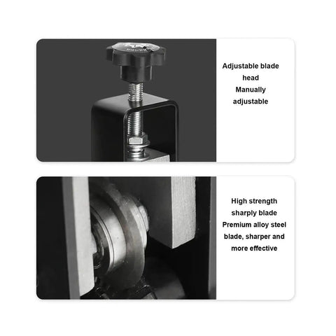No Sweat Heavy Duty Wire Stripper Tool For Electricians And Tradesmen Compatible With Hand Crank Or Electric Drill showing adjustable blade head.
