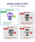 Compatibility chart showing correct filter for Dyson V11 Outsize with product models and incorrect filters marked for other series.