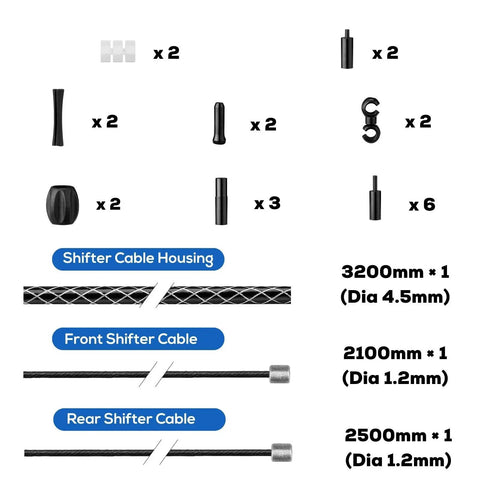Pro Shifter Cable Housing Kit For Shimano SRAM MicroShift, braided housing, sizes 3200mm, 2100mm, 2500mm, with accessories shown