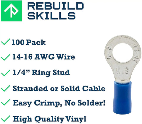 Insulated Ring Terminal Set 100 Pcs 16-14 AWG Blue 1/4 Inch Stud Crimp Connectors For Automotive Wiring And More Heavy Duty Wire Terminals That Fit UL1007 UL1015