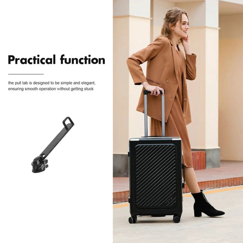 Universal Zipper Pull Replacement Kit All In One Six Piece Heavy Duty Zipper Pulls For Suitcase Luggage Backpack And Jacket With Smooth Sliding Tabs Repair Tools For Travel shown installed on suitcase