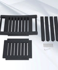 Components of 22.8 Inch Shower Bench With Handles, Waterproof HIPS Stool With Storage Shelf, legs and screws on white surface