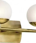 Jasper 2-Light Vanity Light in natural brass with satin etched cased opal glass, mounted over vanity mirror, 16.5-inch wide
